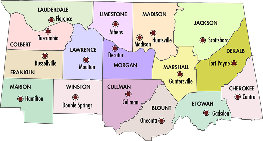 Map of North Alabama counties and population centers from "A Smart Place"